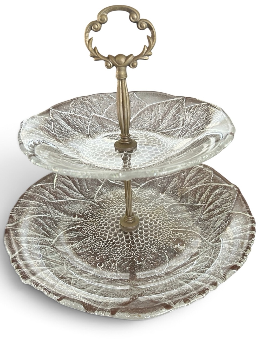 Vintage Icy Leaves Glass Two Tier Tray 10.5 & 8.25 Diameter Americana China EUC